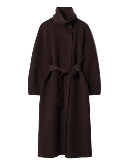 Women Long Cotton Coat | Stand Collar | Single Breasted Coat With Belt brown