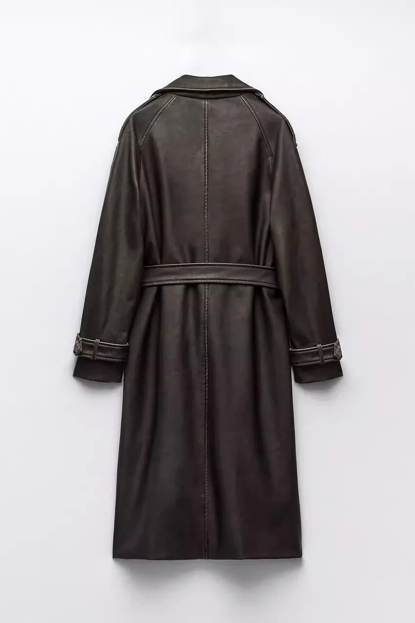 Women Vintage Leather Long Coat | Double Breasted | Winter Long Coat