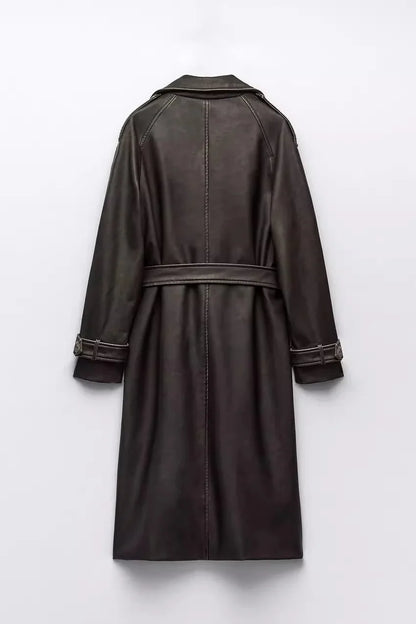 Women Vintage Leather Long Coat | Double Breasted | Winter Long Coat