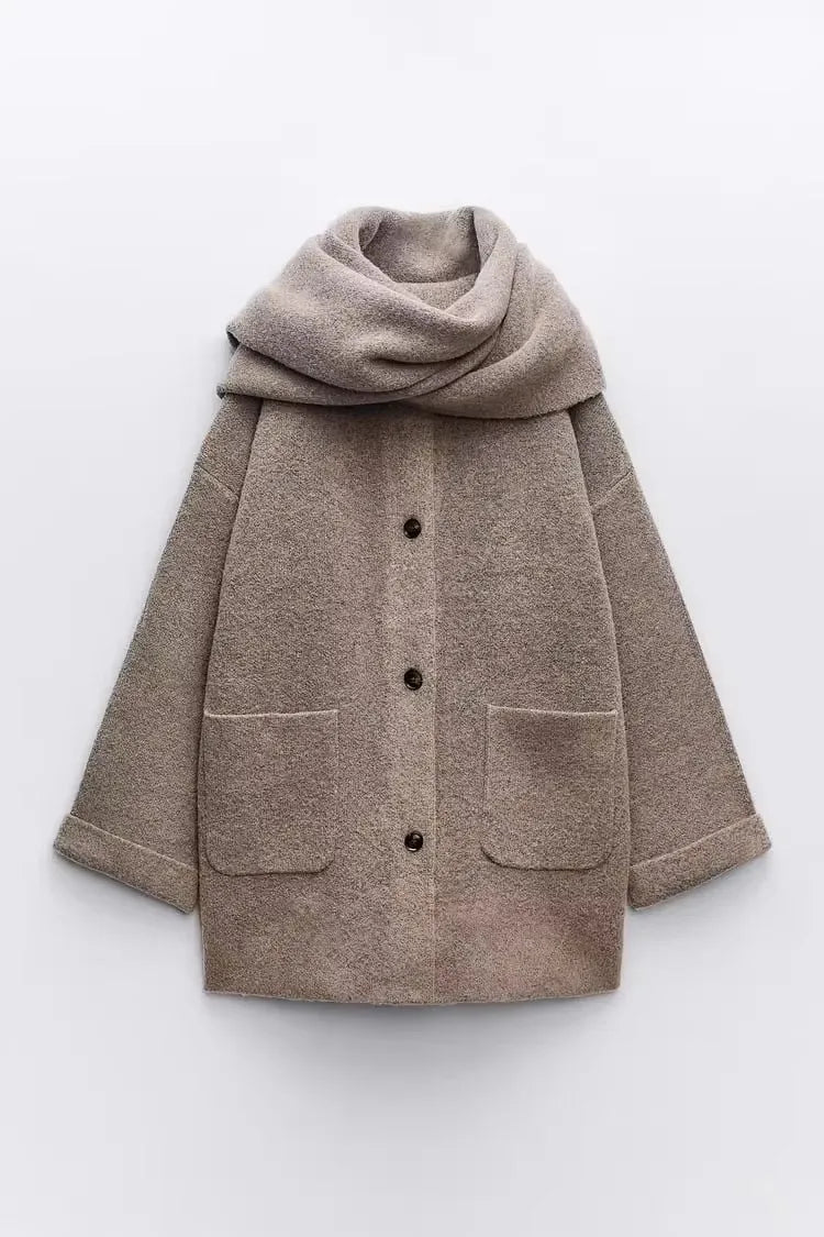 Women Winter Loose Knitted Coat with Scarf | Straight Cut | Long Sleeves | Warm Cardigan
