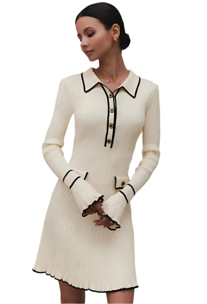 Women Ribbed Knitted Dress | Women Ruffle Knitted Midi Dress | Long Sleeve Slim Dress beige