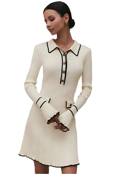 Women Ribbed Knitted Dress | Women Ruffle Knitted Midi Dress | Long Sleeve Slim Dress beige