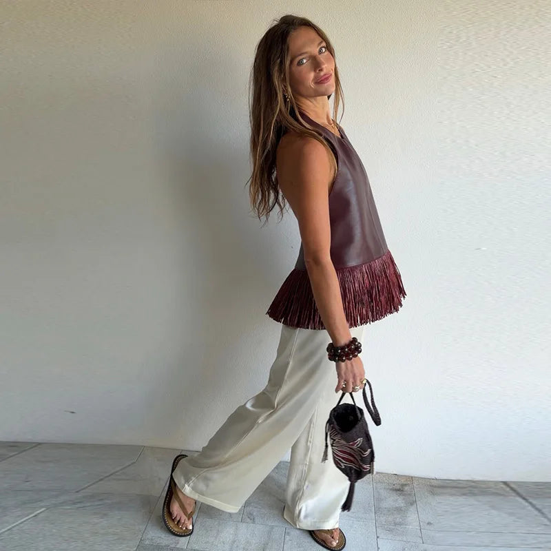 Women Vintage Leather Tassel Vest | Sleeveless | Backless | Halter Top