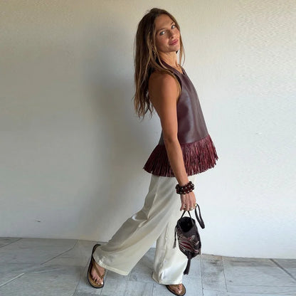 Women Vintage Leather Tassel Vest | Sleeveless | Backless | Halter Top