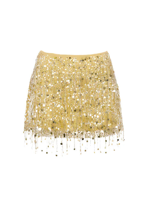 Women Summer Tassel Top With Mini Skirt Set | Sequin Crop Top | Backless | Beach Holiday yellow Skirt