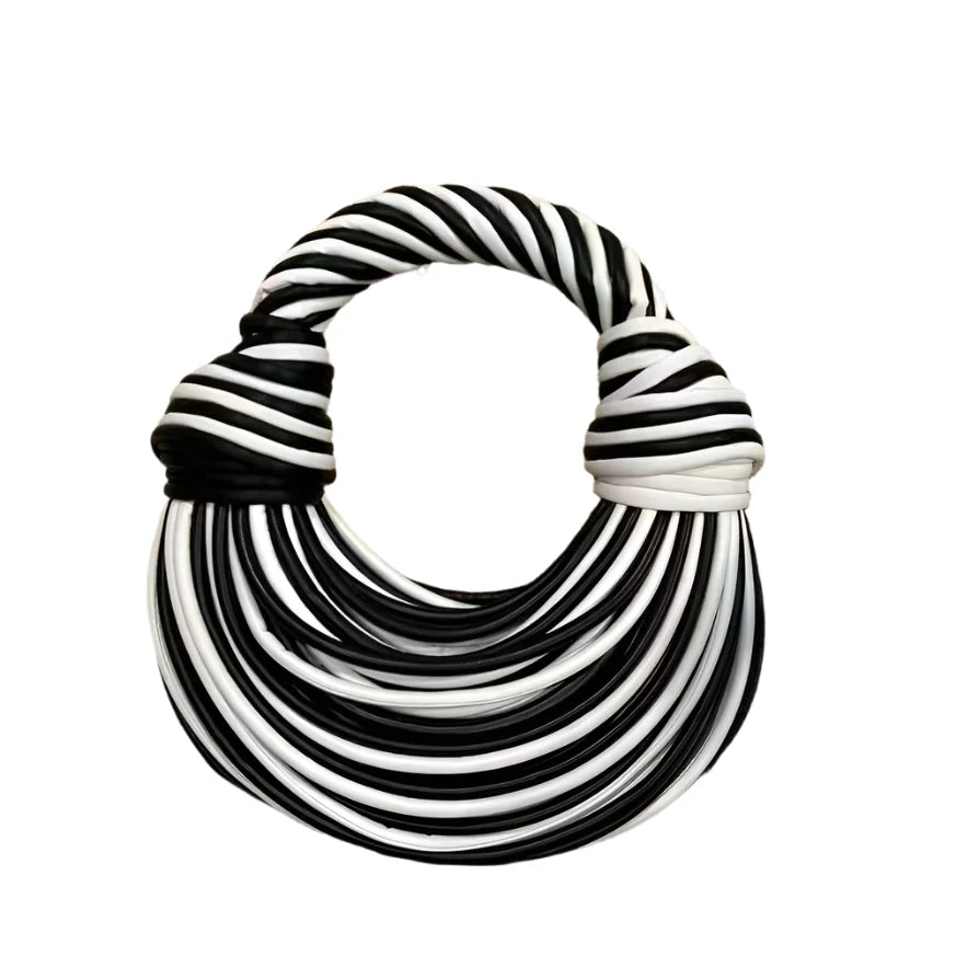 Women Luxury Designer Handwoven Noodle Bag | Rope Knotted | Hobo Evening Clutch Black And White
