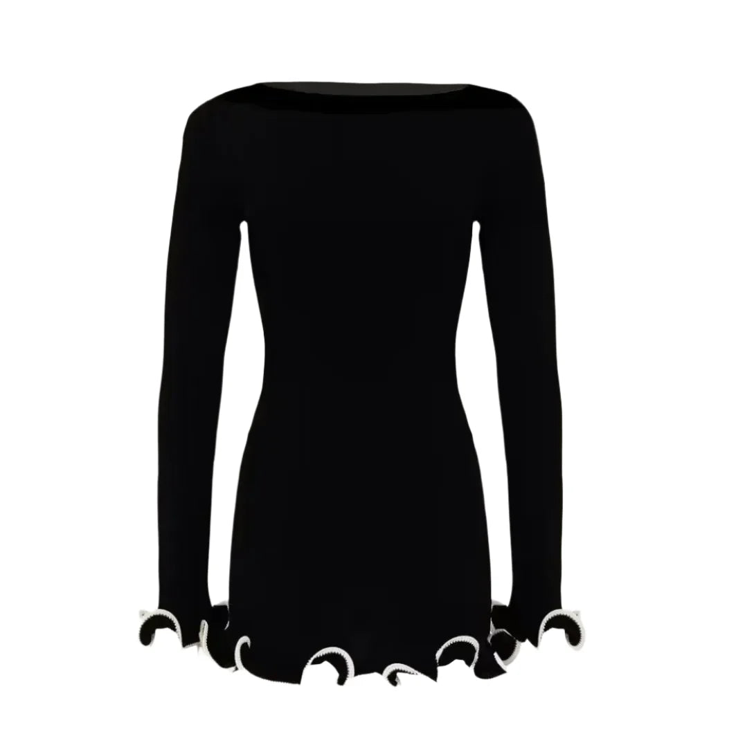 Women Color Contrast Knitted Mini Dress | Long Sleeves Party Dress Black