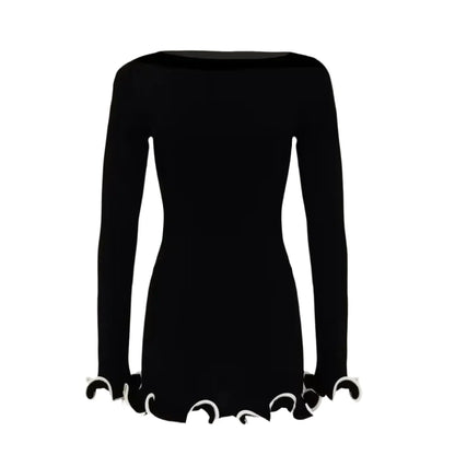 Women Color Contrast Knitted Mini Dress | Long Sleeves Party Dress Black