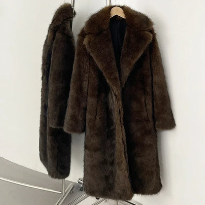 Women Long Fur Coat | Long Jacket | European Style | Lapel Fur Coat | Loose | Winter Coat | Long Coat Chocolate Brown