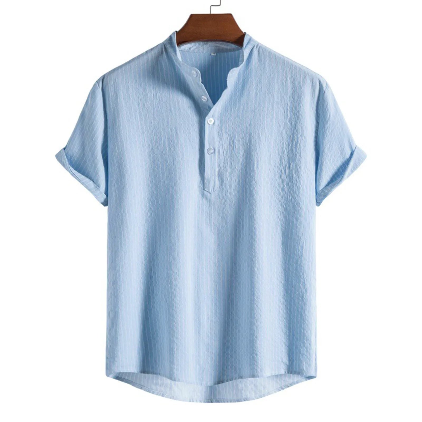 Men Casual Blouse Shirt | Linen Shirt Short Sleeve | Loose Button Top Blue