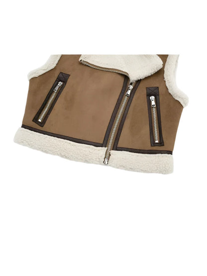 Women Short Thick Leather Zip Waistcoat | Lambswool Patchwork Sleeveless Casual Vest