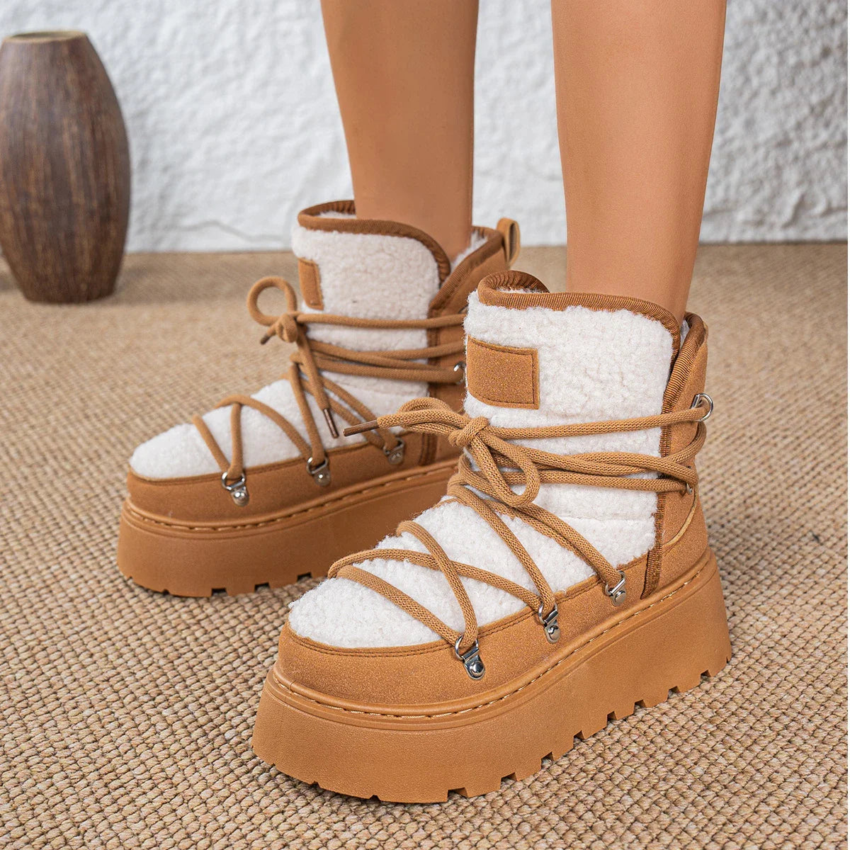 Women Winter Thick-Soled Cross-Tie Snow Boots | Mid-Length Warm Boots camel
