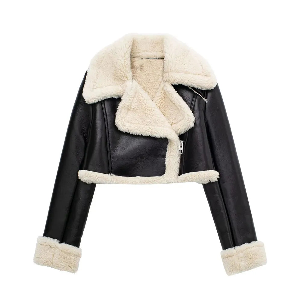 Women's Vintage Cropped Fur Leather Jacket Black