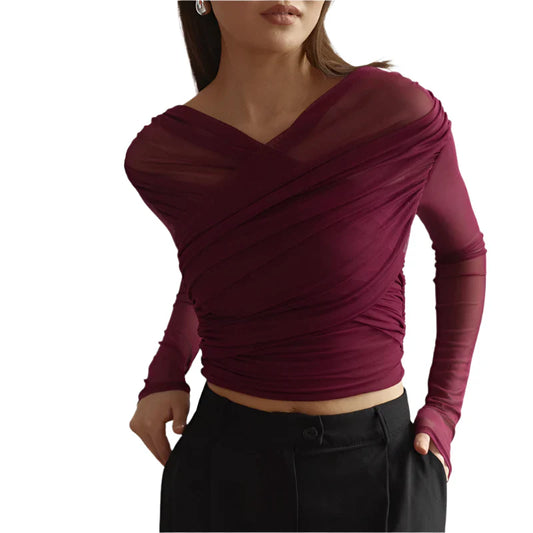 Women Cross Neck Mesh Crop Top | Pleated Long Sleeve See-Through Top