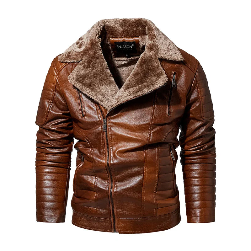 Leather Windbreaker Jacket Men | Fleece Motorcycle Stand Collar Casual Jacket Brown