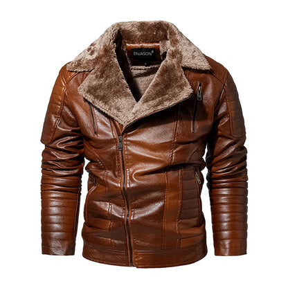 Leather Windbreaker Jacket Men | Fleece Motorcycle Stand Collar Casual Jacket Brown