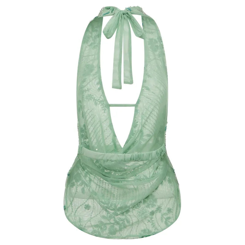 Women Glitter Sequin Tank Top | V-Neck Crop Top | Backless Beach Top