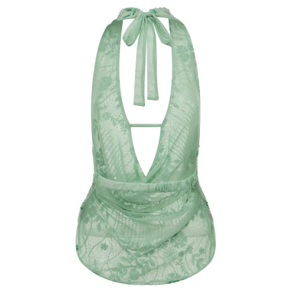 Women Glitter Sequin Tank Top | V-Neck Crop Top | Backless Beach Top