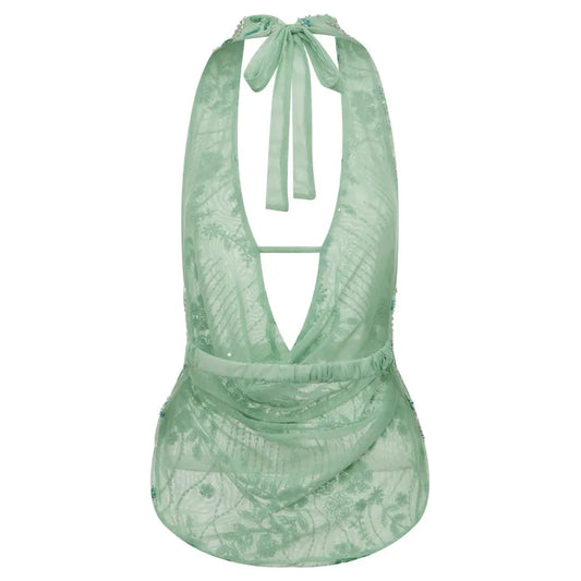 Women Glitter Sequin Tank Top | V-Neck Crop Top | Backless Beach Top