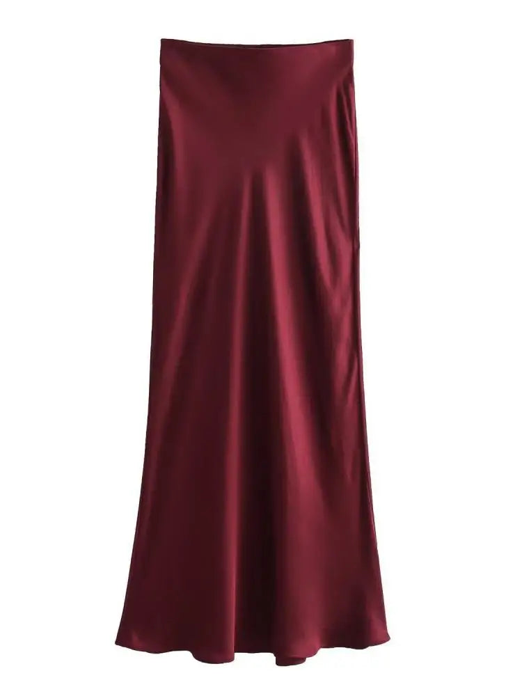 Women Solid Pleated Midi Satin Skirt | Mid Elastic Waist Vintage Skirt Burgundy