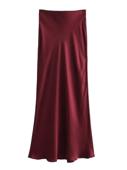 Women Solid Pleated Midi Satin Skirt | Mid Elastic Waist Vintage Skirt Burgundy