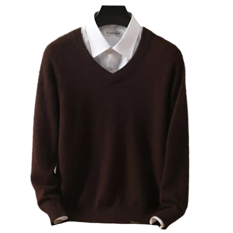 Men Cashmere V-Neck Pullover | Cashmere Knitted Sweater | Mink Winter Long Sleeve Top coffee