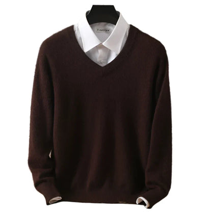 Men Cashmere V-Neck Pullover | Cashmere Knitted Sweater | Mink Winter Long Sleeve Top coffee
