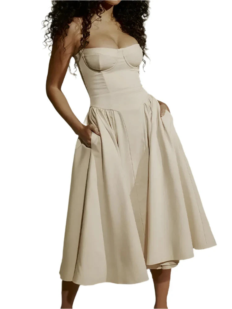 Women Pleated Sling Summer Dress Beige