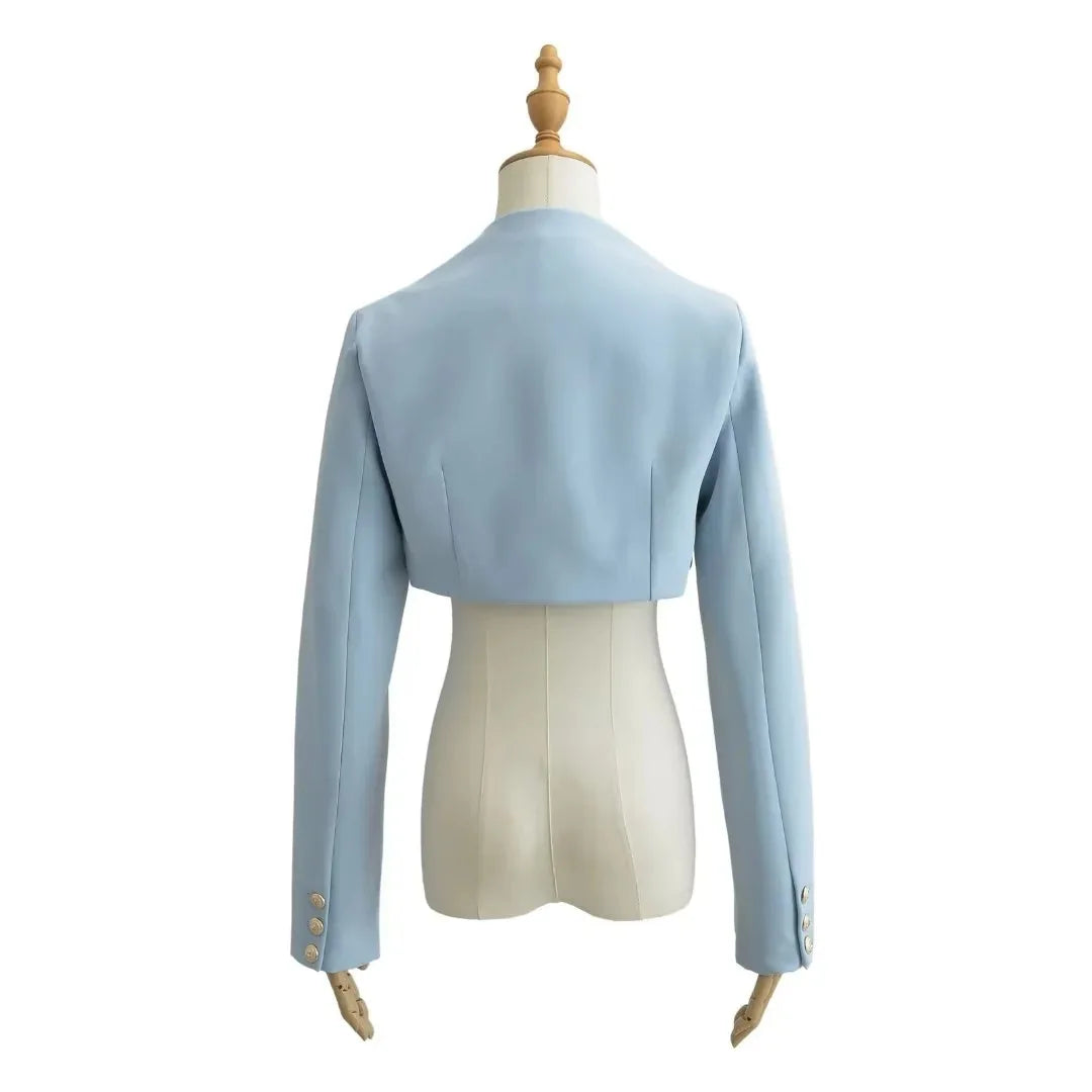 Women V-Neck Open Stitching Cropped Full Sleeve Blazer | Short Outerwear Suit