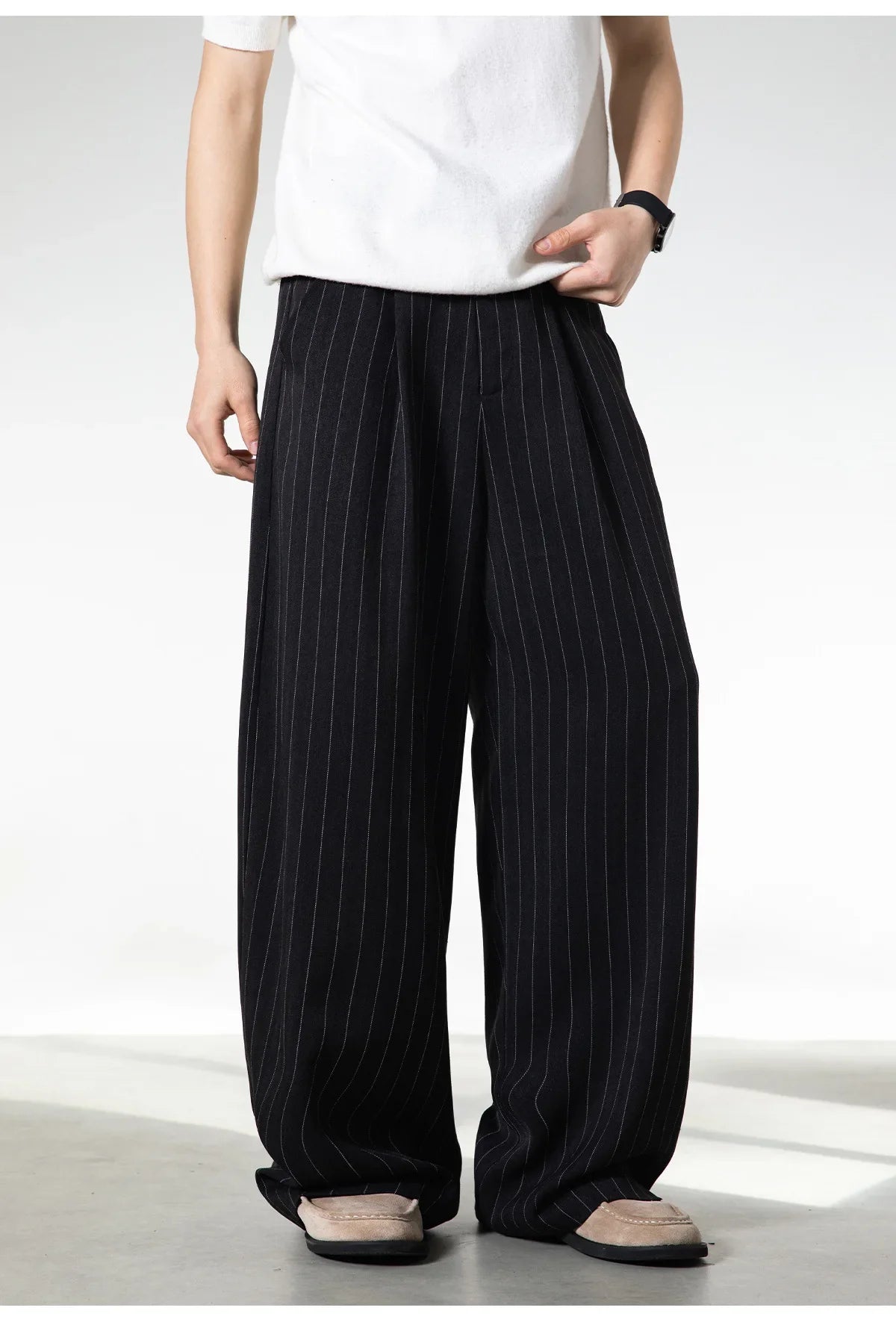 Men Classic Striped Pleated Wide Leg Trousers | Baggy | Straight | Dress Pants | Business