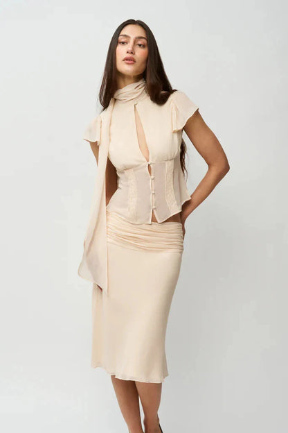 Women Summer Set | Chiffon Top | Chiffon Skirt | Midi Skirt | Short Top | Waist Cinching