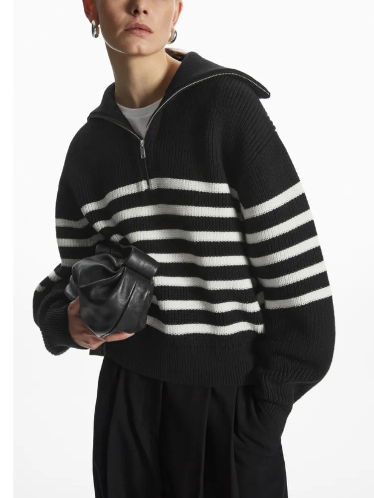 Women Classic Quarter Zip Pullover | Striped Turtleneck Sweater