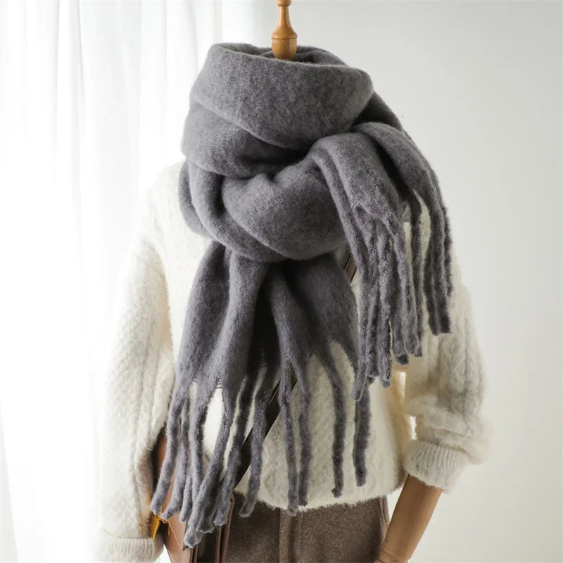 Women Warm Winter Cashmere Scarf | Thick Soft Tassel Shawl | Long Poncho | Echarpe | Pashmina Gray