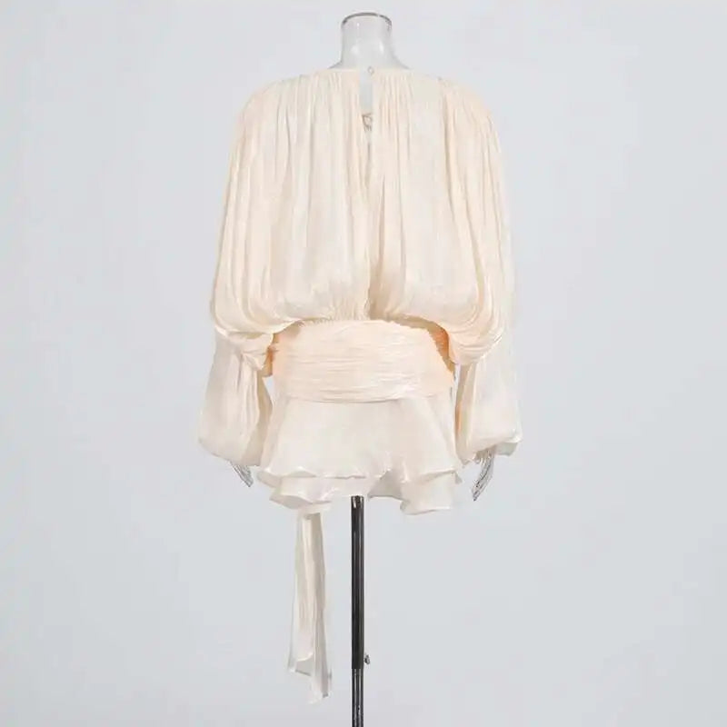 Women Flowy Mini Dress | V Neck | Long Sleeve | Spliced | Lace Up | Blouse Dress