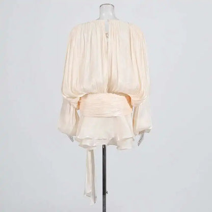 Women Flowy Mini Dress | V Neck | Long Sleeve | Spliced | Lace Up | Blouse Dress