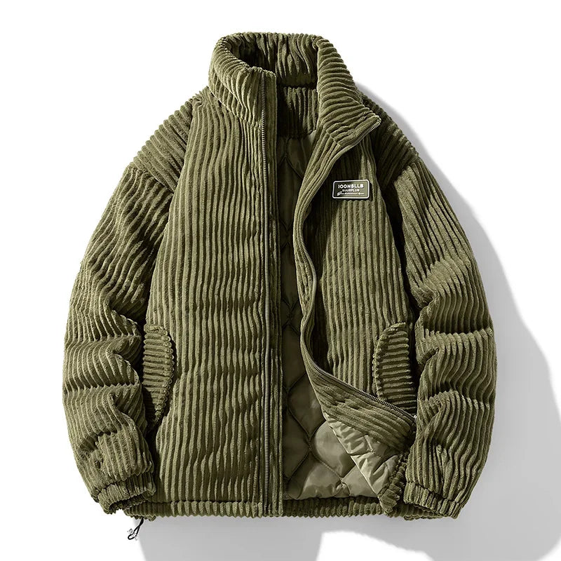 Men Corduroy Puffer Jacket | Windbreaker Jacket | Padded Stand Collar Coat Green