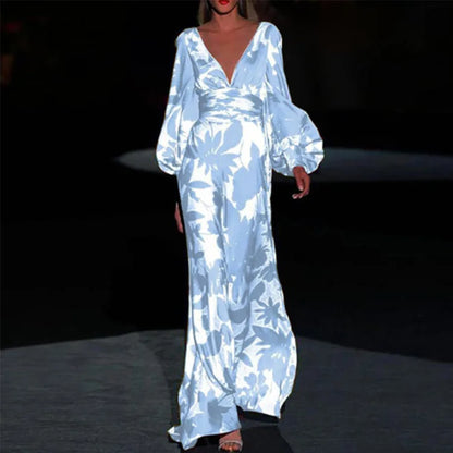 Seste | Women's Floral Satin Maxi Dress V-Neck Puff Sleeve Formal