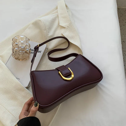 Women Leather Saddle Buckle Shoulder Bag Burgundy