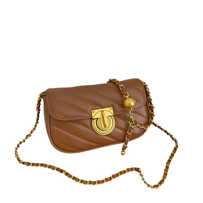 Women Lock Chain Small Shoulder Bag | Rhombic Lattice Pattern Bag BROWN