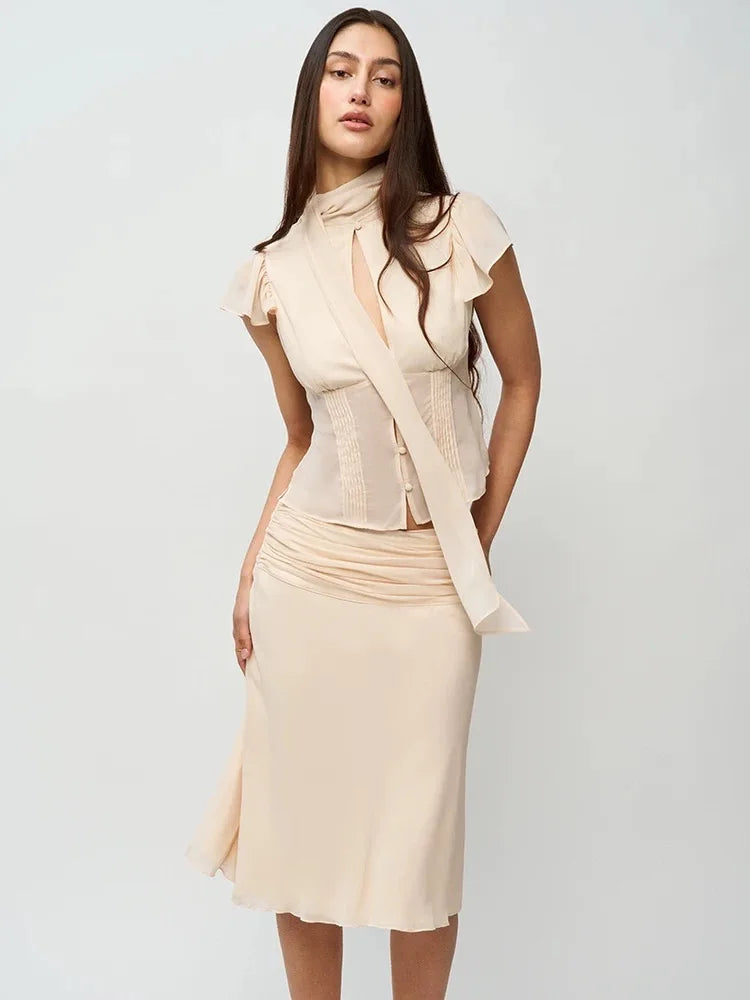 Women Summer Set | Chiffon Top | Chiffon Skirt | Midi Skirt | Short Top | Waist Cinching