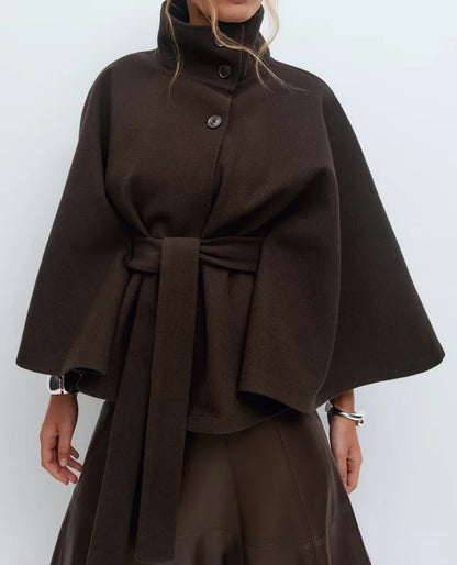 Women Trench cape Coat | Stand Collar Windbreaker | Cape Long Sleeve | Batwing Sleeves | Autumn Chocolate Brown