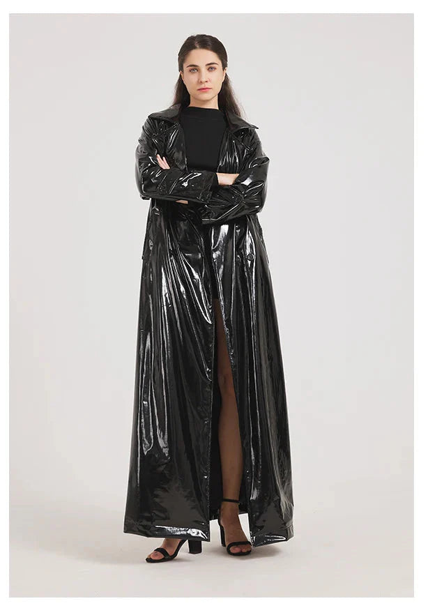 Women Black Shiny Leather Trench Coat | Luxury Designer | Floor Length | Glossy Leather Coat | Reflective | Soft Patent