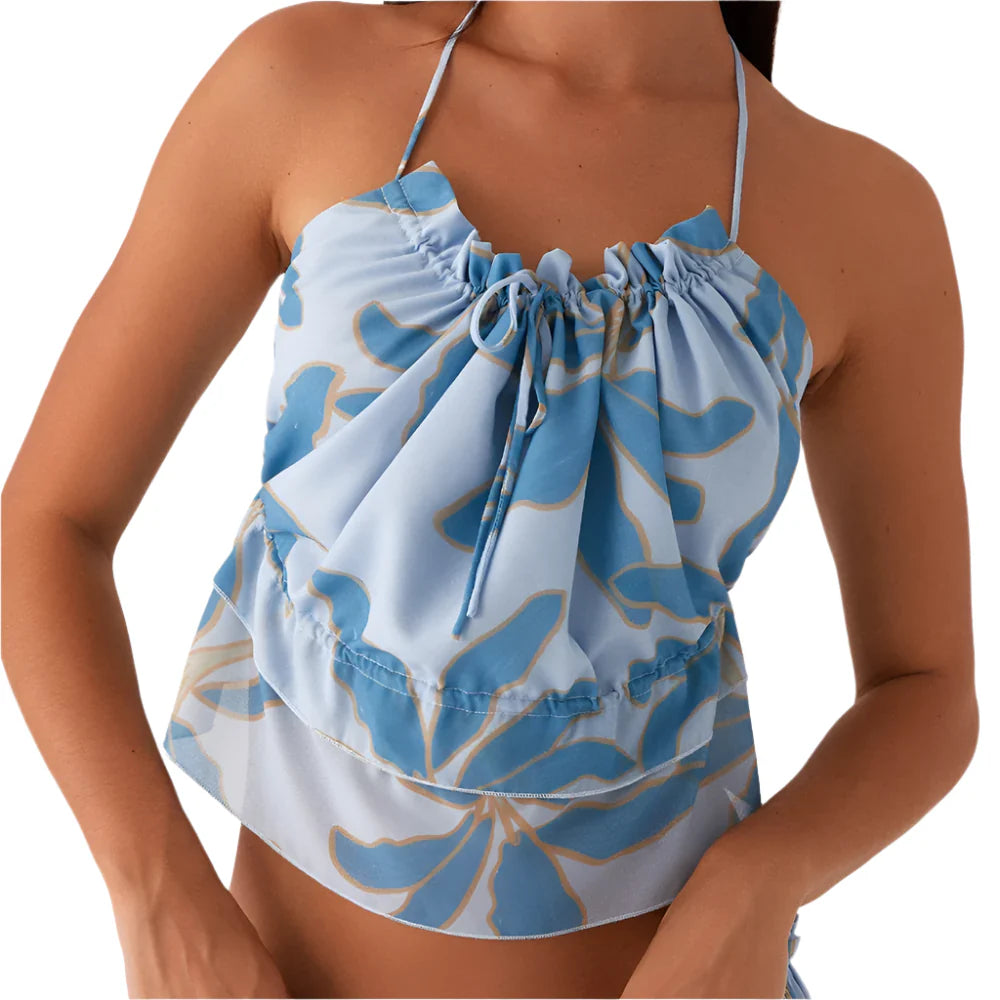 Women Summer Coquette Cropped Cami Top | Backless Spaghetti Straps Tank Top blue