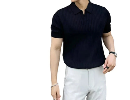 Men Summer Knitted Polo Shirt | Striped V-Neck Solid Color Short Sleeved Knitwear Black