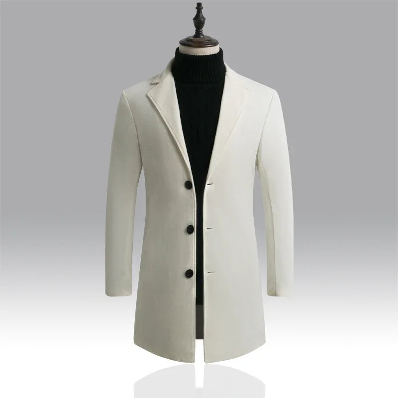 Men Winter Mid Length Wool Blend Coat White