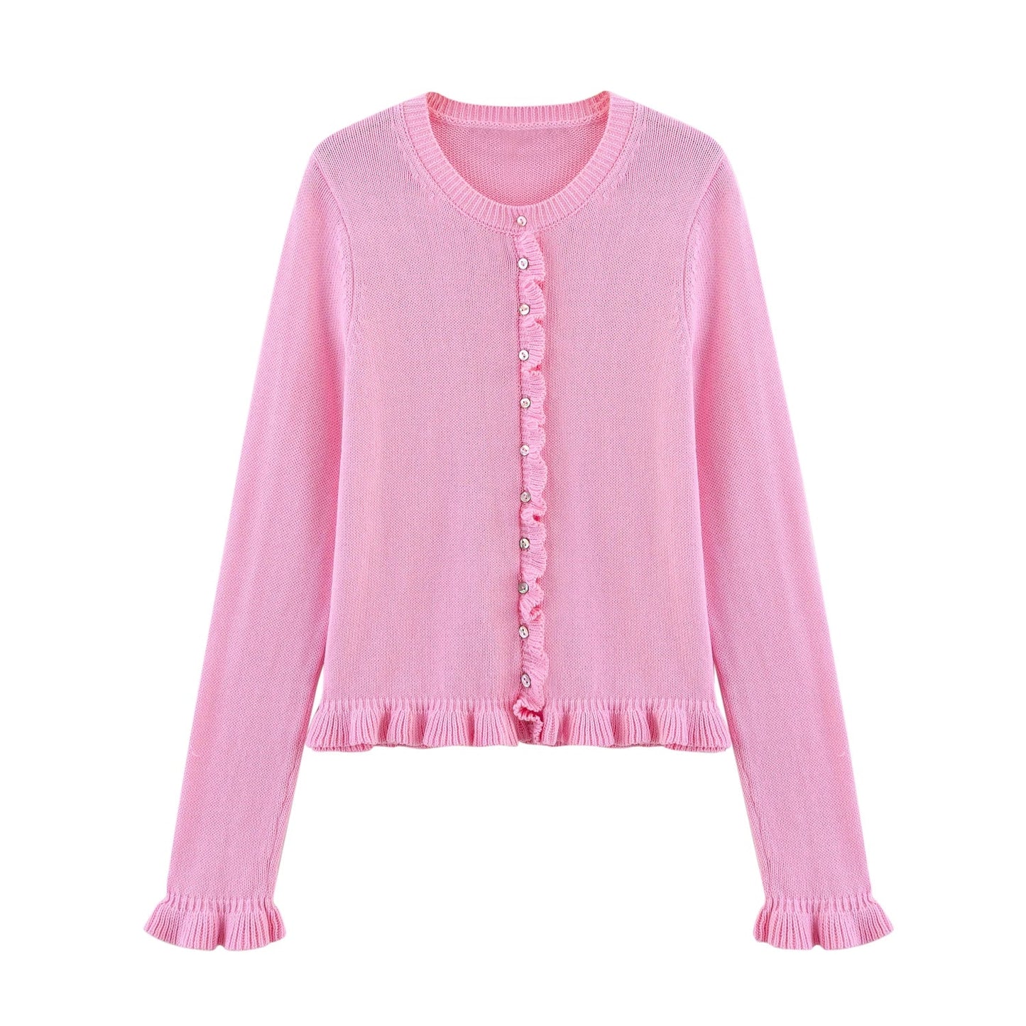 Women Knit Cardigan | Petal Sleeve Sweater | Autumn | Button Down Sweater Pink