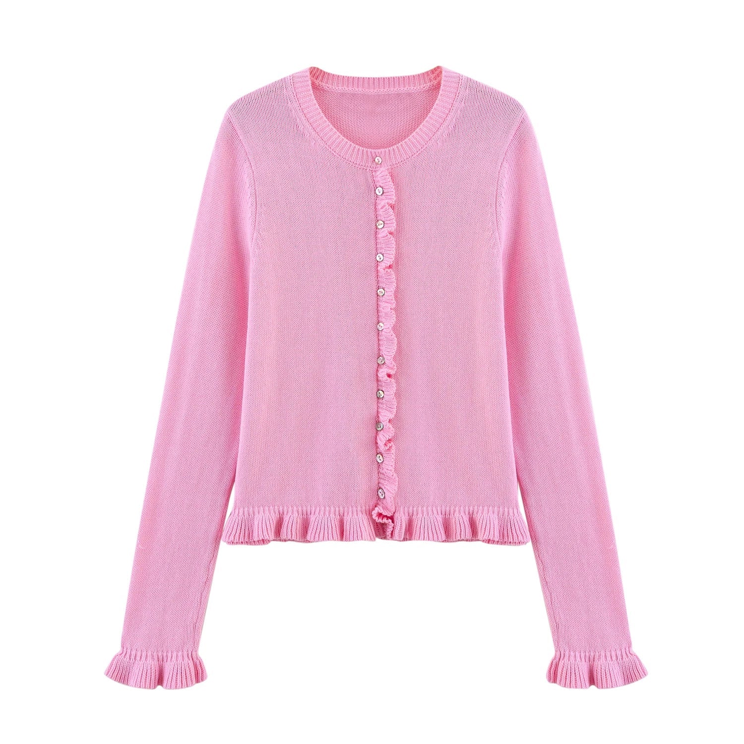 Women Knit Cardigan | Petal Sleeve Sweater | Autumn | Button Down Sweater Pink