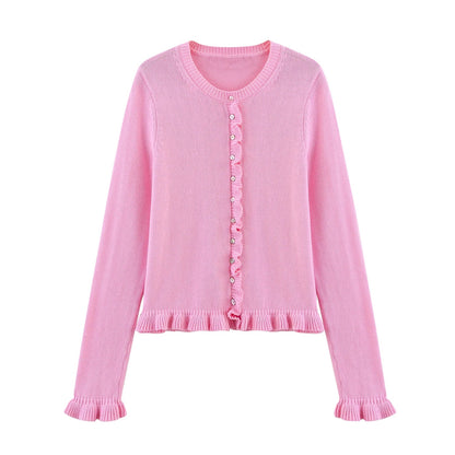 Women Knit Cardigan | Petal Sleeve Sweater | Autumn | Button Down Sweater Pink