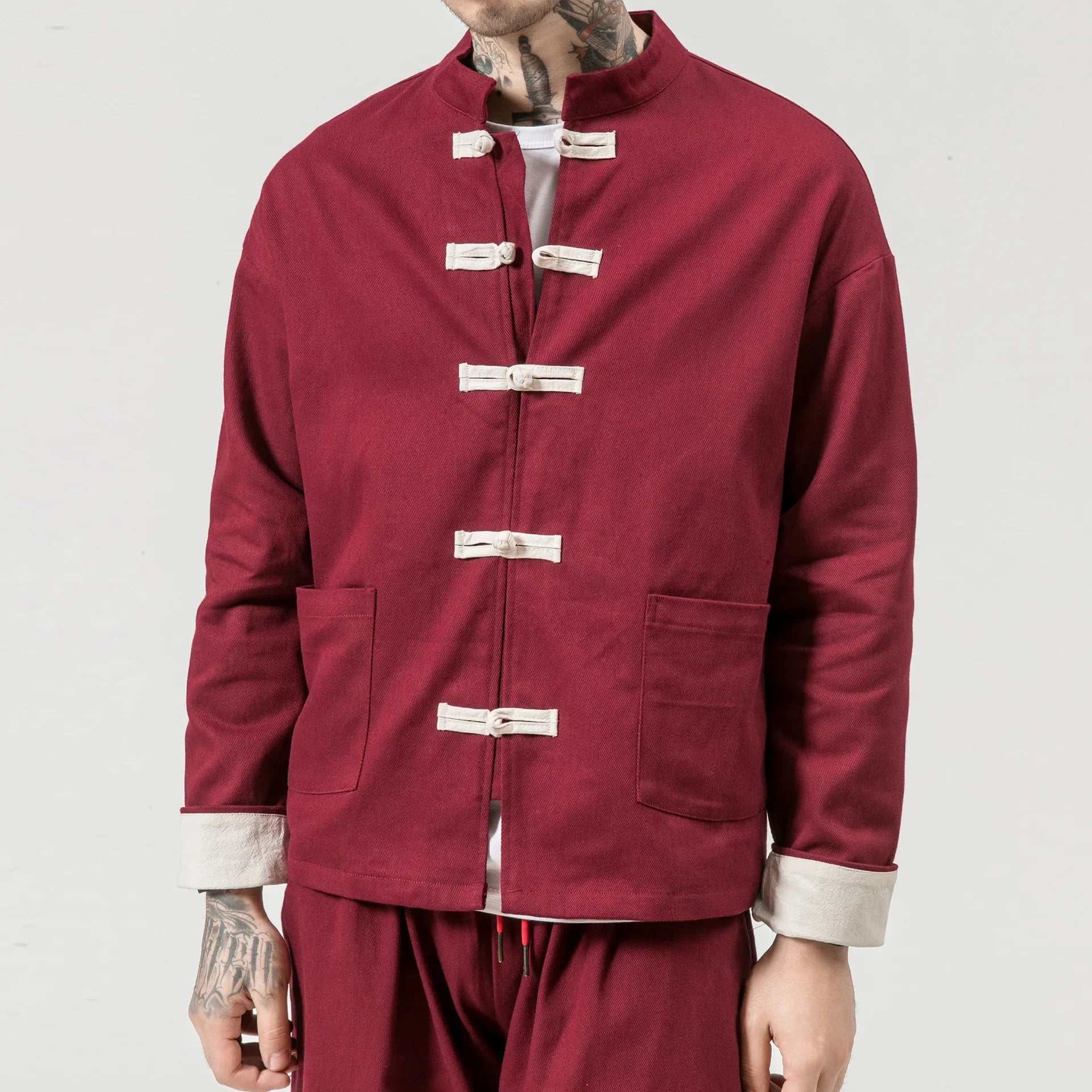 Men Tang Suit Jacket | Linen Top | Long Sleeve Burgundy Top