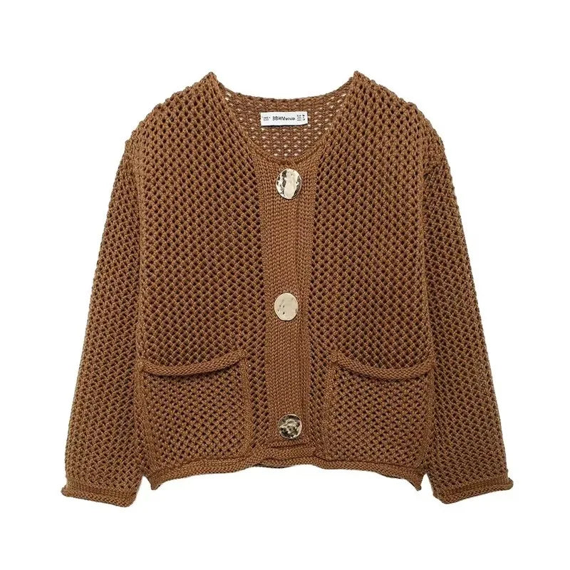 Women Short Knitted Cardigan Brown